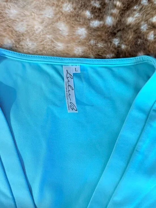 Lulu-B Sleeveless Blouse Bundle L Teal V Neck + Pink Flamingo Tropical - Picture 4 of 9